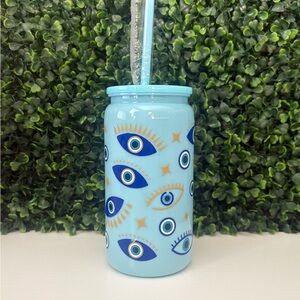 Blue Evil Eye Plastic Libbey with Straw 16oz